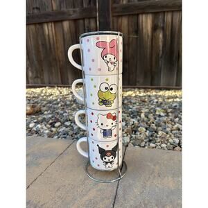 Hello Kitty, Kuromi, Melody & Keroppi 4 Pc COFFEE MUG SET w/ TOWER STAND